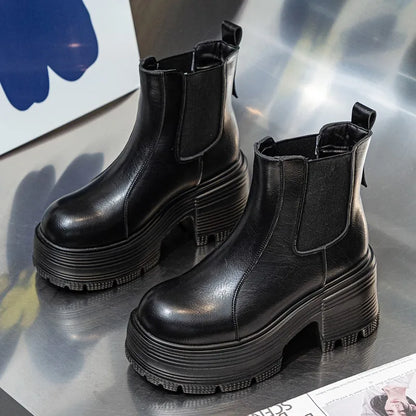 AIYUQI Women Ankle Boots Genuine Leather 9cm Heel High Boots Women Platform High Heel British Style Women Chelsea Booties