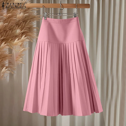 ZANZEA élégant a-ligne Jupes plissées femmes mode taille haute Patchwork Midi Faldas Mujer bureau déplacements solide Jupes Femme