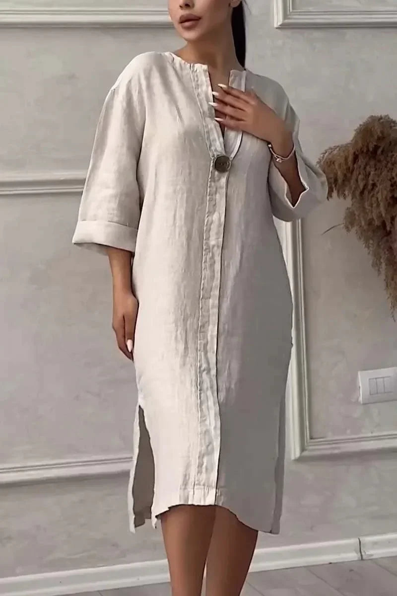 2024 Summer Fashion New Elegant Women's Cotton and Hemp Casual Long Sleeved V-neck Mid Length Commuter Style Solid Color Dress - DOGOMET DIGITAL PLUS
