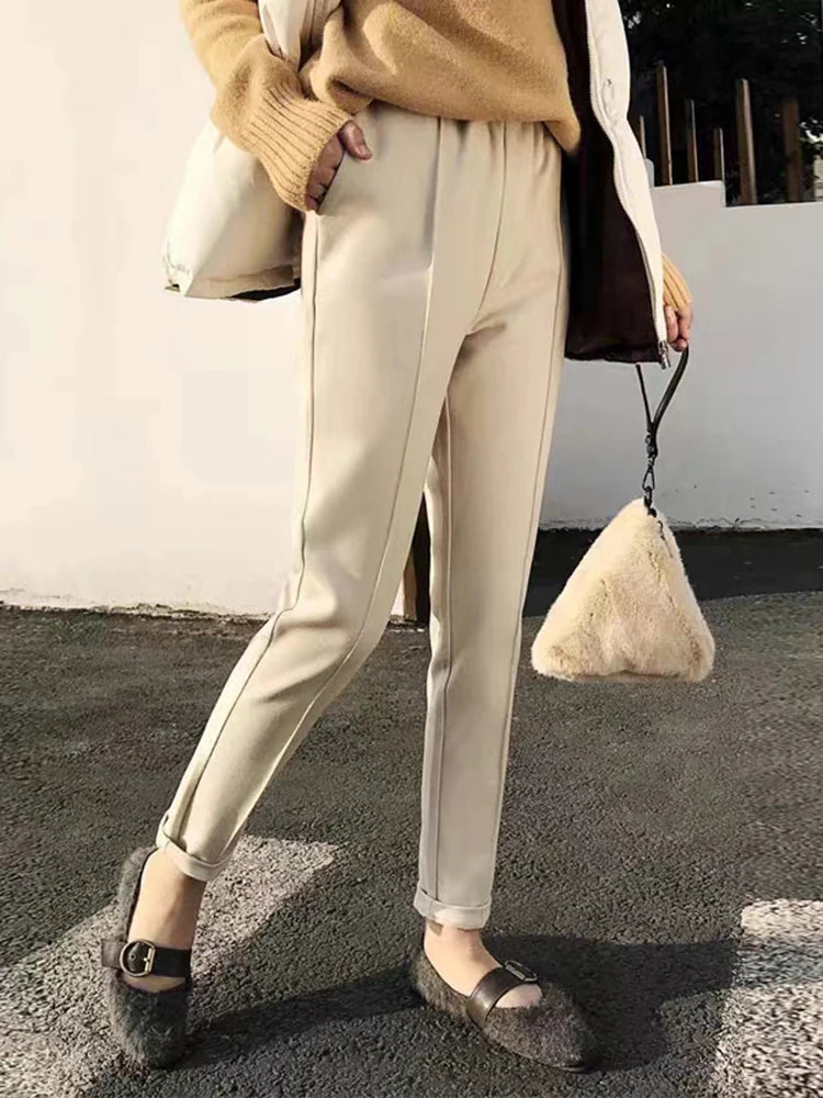 Woolen Pants Women's Harem Pencil Pants 2024 Autumn Winter High Waist Casual Pantalones Beige Black Office Lady Women Trousers
