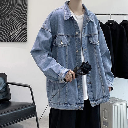 Veste en jean décontractée pour homme, veste en jean à revers solide, mode de rue, manteau d'automne bleu rétro, vestes en jean de moto en plein air, nouvelles zones
