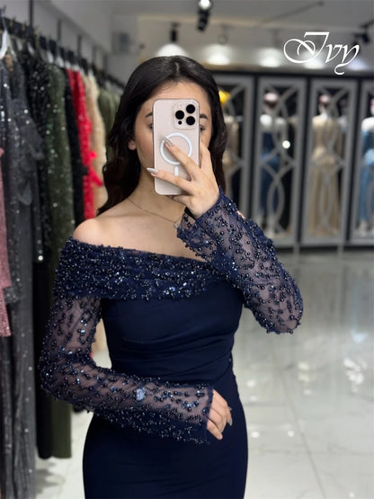 Customized Luxury Off the Shoulder Long Sleeves Evening Dress High Quality Jersey Prom Dresses Temperament Crystal Party Gowns