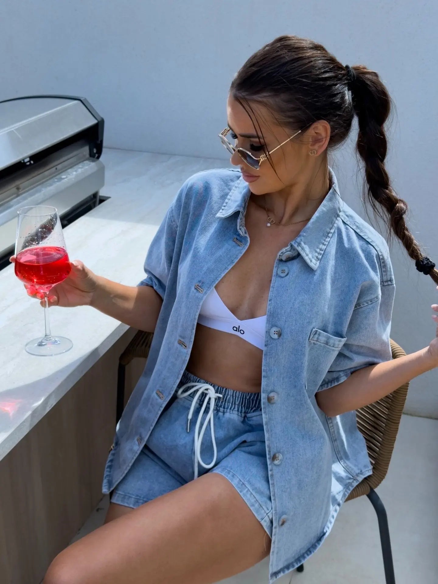 2025 Summer Women's Fashion Casual Loose Short Sleeve Shirt Denim Shorts Set Ensemble Femme 2 Pièces Été