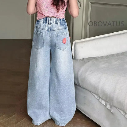 Jean Baggy à Fleurs pour Adolescente, Pantalon en Denim à Jambes Larges, à la Mode, pour Enfant