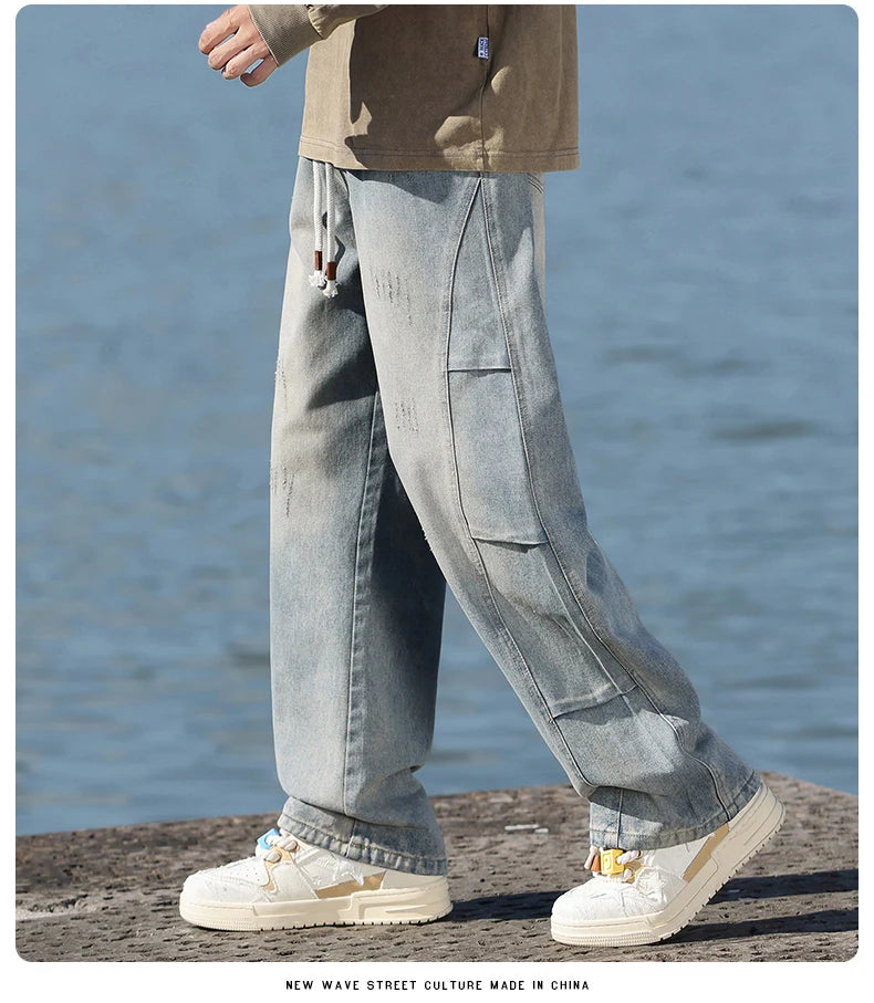 Jean pour hommes, style américain, vintage, délavé, épissage de plis, modèles de printemps et d'automne, pantalons droits amples