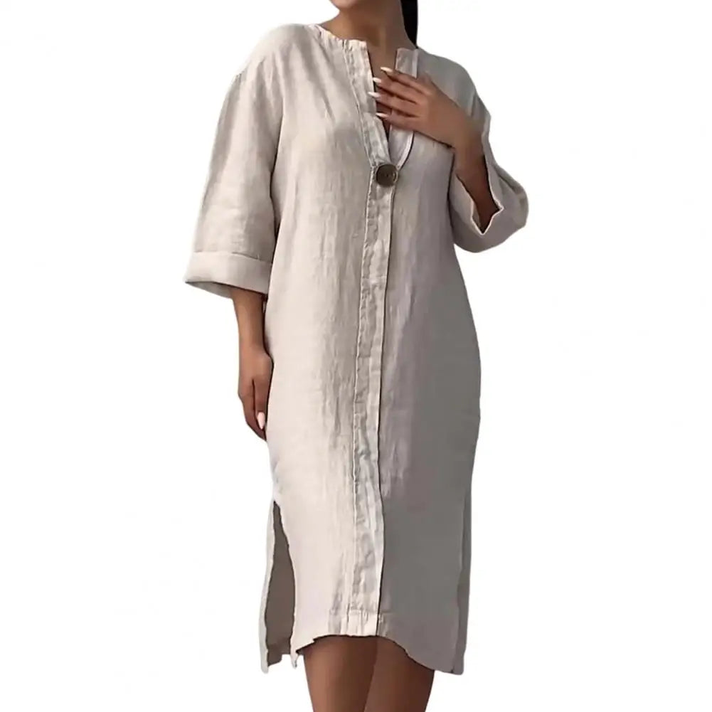 Summer Women Dress V Neck Side Split Loose Pullover Button Pure Color Long Sleeves Casual Daily Wear Midi Dress - DOGOMET DIGITAL PLUS