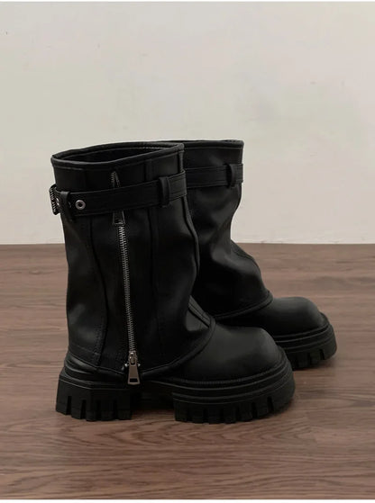 Bottines de motard avec ceinture pour femme, bottines de chevalier, plates, courtes, élégantes, décontractées, à la mode, hiver - DOGOMET DIGITAL PLUS