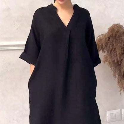 Fashion Cotton And Linen Women's V-neck Loose Dress 2025 Spring And Summer Solid Color Casual Short Sleeved Pocket Midi Dresses - DOGOMET DIGITAL PLUS