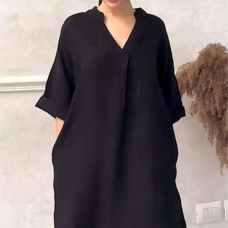 Fashion Cotton And Linen Women's V-neck Loose Dress 2025 Spring And Summer Solid Color Casual Short Sleeved Pocket Midi Dresses - DOGOMET DIGITAL PLUS