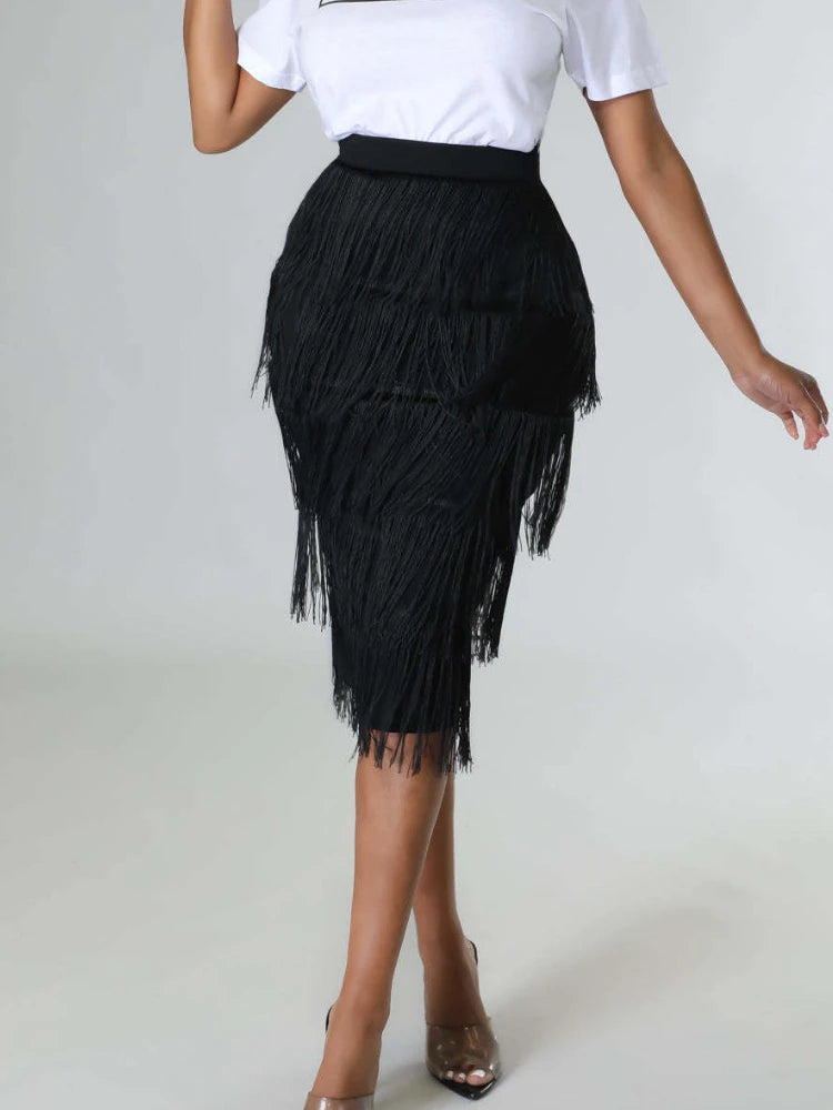 Women's High Waist Fringe Skirt Tiered Drums with Sheath Midi Skirts Tassel Plus Size Elegant Modest Party Rh Dance Wear