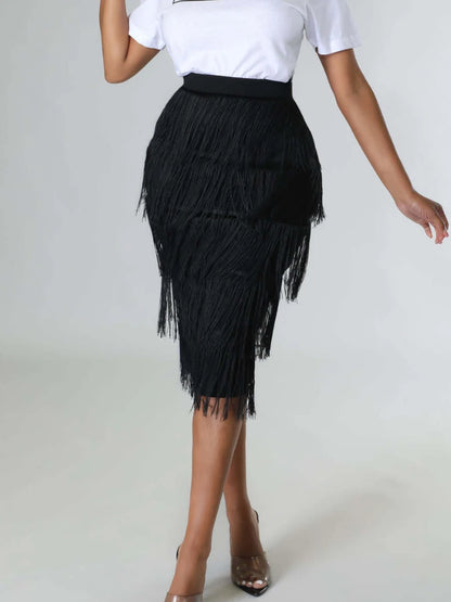 Women's High Waist Fringe Skirt Tiered Drums with Sheath Midi Skirts Tassel Plus Size Elegant Modest Party Rh Dance Wear