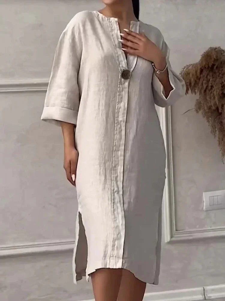 2024 Summer Fashion New Elegant Women's Cotton and Hemp Casual Long Sleeved V-neck Mid Length Commuter Style Solid Color Dress - DOGOMET DIGITAL PLUS