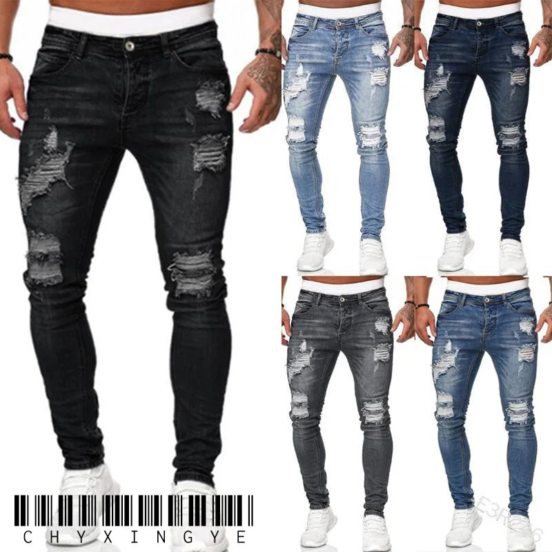 Jean déchiré hommes Stretch maigre gris bleu noir Hip Hop Denim pantalon Streetwear décontracté coupe ajustée jean pour hommes Jogging jean