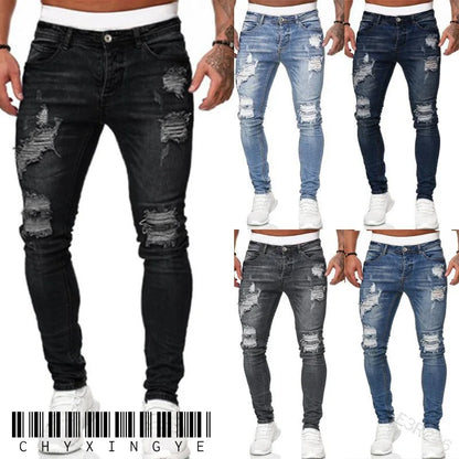 Jean déchiré hommes Stretch maigre gris bleu noir Hip Hop Denim pantalon Streetwear décontracté coupe ajustée jean pour hommes Jogging jean