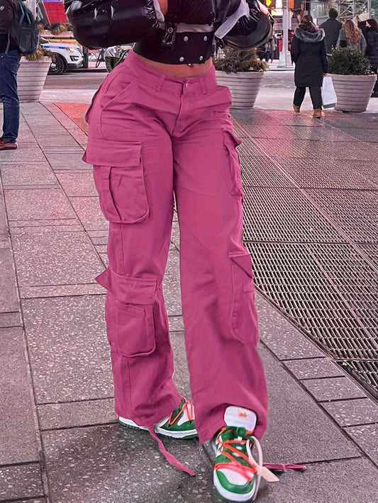 Women's Street Style Cargo Pants, Multi-Pocket Design, Denim Long Trousers Jeans, Casual And Trendy For Fall