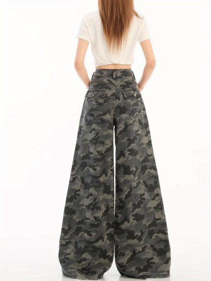Women's American-Style Retro Camouflage Utility Jeans - 2025 Summer New Arrival, Straight-Leg, Loose-Fit,, Drapey Floor-Length Trousers, Jeans for Women, High Waisted Jeans for Women, High Waisted Straight Leg Jeans for Women