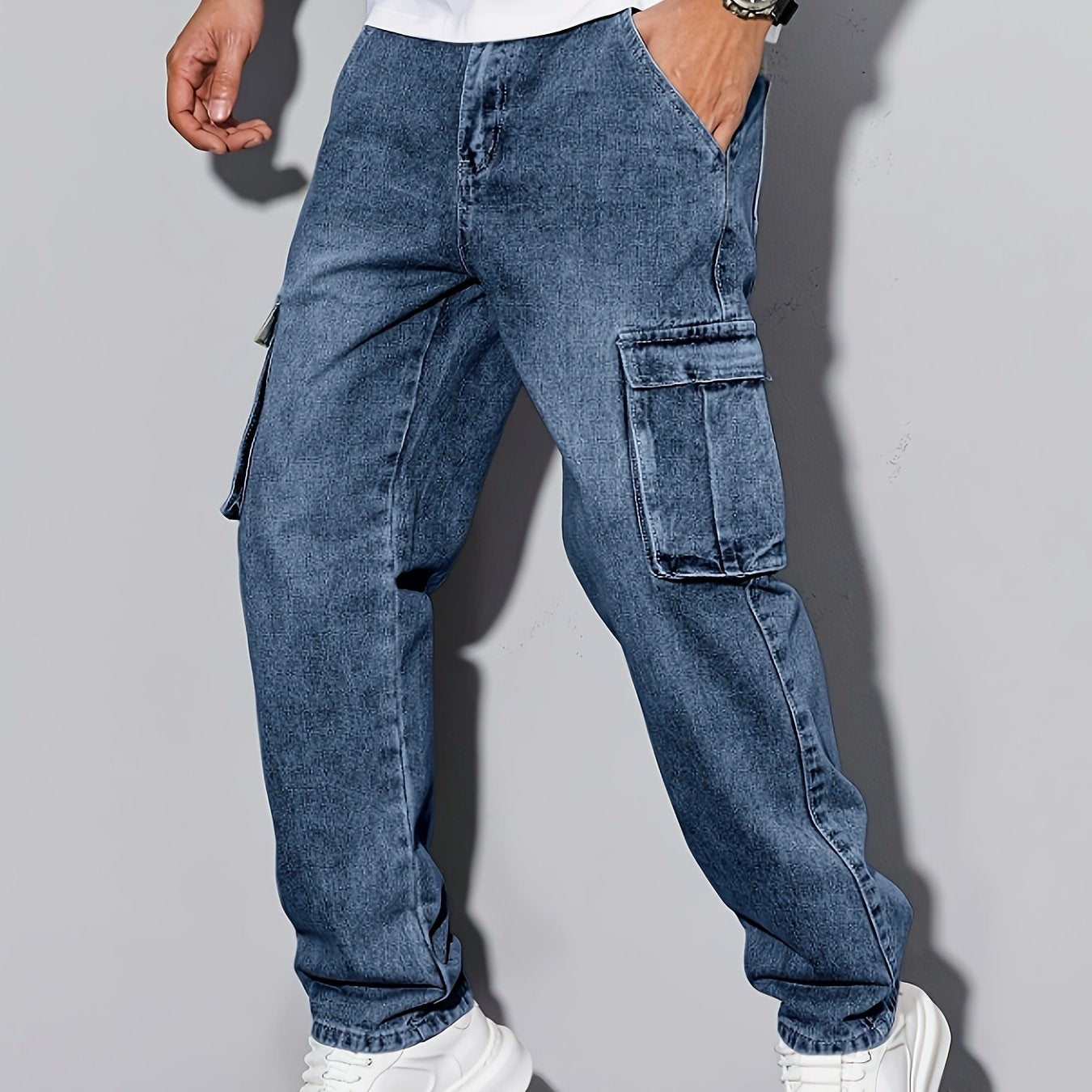 HME Men's Heavy-Duty Work Pants - Stretch Jeans with Multiple Utility Pockets, Elastic Waist Straight-Leg Fit, Machine Washable Classic Blue Denim Trousers for Everyday & Formal Wear - Plus-Size Available, Versatile Clothing,