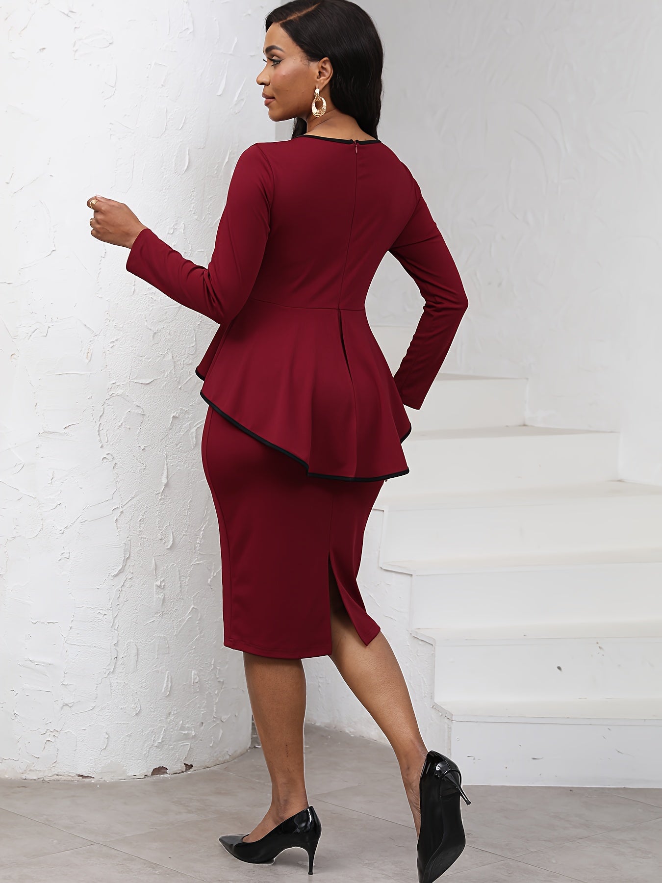 Women's Burgundy & Black Slim-Fit Long Sleeve Dress with Keyhole Neckline & Waist Tie Belt - A-Line Midi Wedding Guest Dress, Prom Dress, Pencil Silhouette, Elastic Waist Long Elegant Dresses, Dresses For Occasions, Elegant L