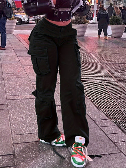 Women's Street Style Cargo Pants, Multi-Pocket Design, Denim Long Trousers Jeans, Casual And Trendy For Fall