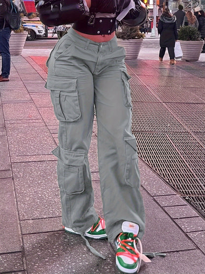 Women's Street Style Cargo Pants, Multi-Pocket Design, Denim Long Trousers Jeans, Casual And Trendy For Fall