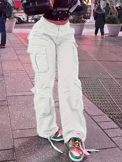 Women's Street Style Cargo Pants, Multi-Pocket Design, Denim Long Trousers Jeans, Casual And Trendy For Fall