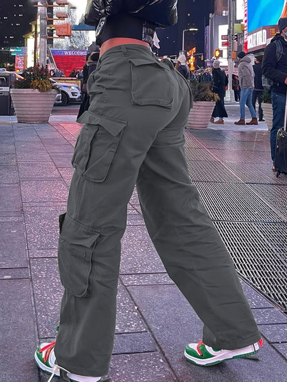 Women's Street Style Cargo Pants, Multi-Pocket Design, Denim Long Trousers Jeans, Casual And Trendy For Fall