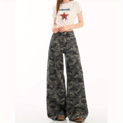 Women's American-Style Retro Camouflage Utility Jeans - 2025 Summer New Arrival, Straight-Leg, Loose-Fit,, Drapey Floor-Length Trousers, Jeans for Women, High Waisted Jeans for Women, High Waisted Straight Leg Jeans for Women