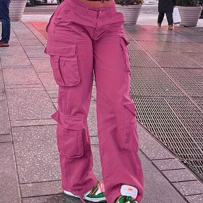 Women's Street Style Cargo Pants, Multi-Pocket Design, Denim Long Trousers Jeans, Casual And Trendy For Fall