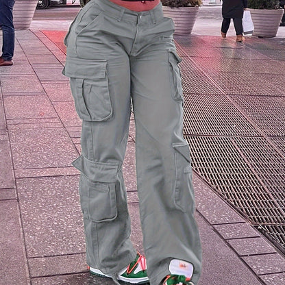 Women's Street Style Cargo Pants, Multi-Pocket Design, Denim Long Trousers Jeans, Casual And Trendy For Fall