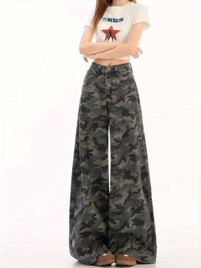 Women's American-Style Retro Camouflage Utility Jeans - 2025 Summer New Arrival, Straight-Leg, Loose-Fit,, Drapey Floor-Length Trousers, Jeans for Women, High Waisted Jeans for Women, High Waisted Straight Leg Jeans for Women