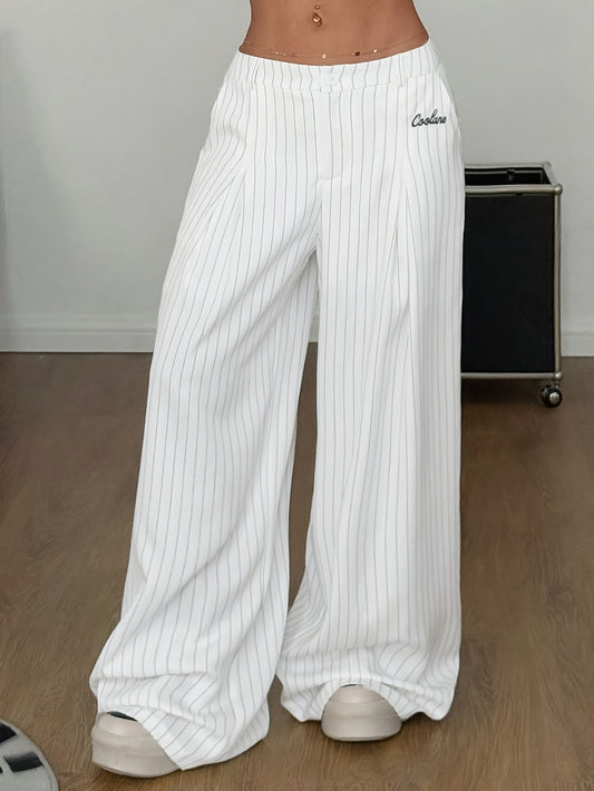 Women's Wide-Leg Pants - Non-Stretch Formal & Everyday Trousers, Machine Washable Office Casual Pants for Spring/Fall/Summer Outfits (Minimalist Everyday & Formal Attire), Spring Fashion, Loose Fit, Durable Construction, Stri