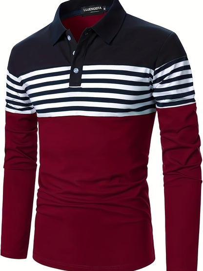 European And N Men's Fashion, Striped Button Lapels For Outdoor Shirts, Men's Golf Shirts Four Seasons Men's T-shirts, Random Printing Long-sleeved Casual Men's Polo Shirts