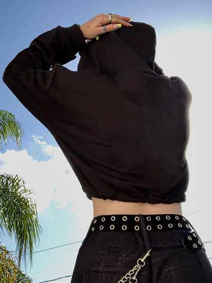 Women's Gothic Skull Print Casual Drawstring Short Hoodie Long Sleeve Top - DOGOMET DIGITAL PLUS