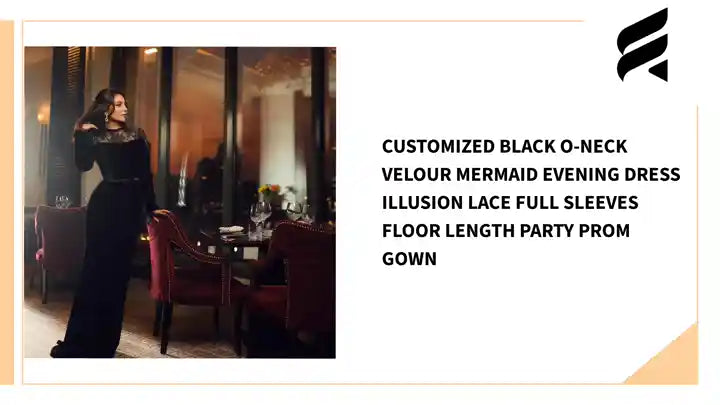 Customized Black O-neck Velour Mermaid Evening Dress ILLUSION Lace Full Sleeves Floor Length Party Prom Gown by@Outfy